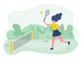 Active sporty girl playing tennis on court in park.