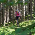 Active sporty woman riding mountain bike on forest trail . Royalty Free Stock Photo