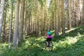 Active sporty woman riding mountain bike on forest trail . Royalty Free Stock Photo