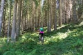 Active sporty woman riding mountain bike on forest trail . Royalty Free Stock Photo