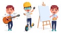 Active student vector character set design. Boy characters singing, riding scooter and painting in isolated white background.
