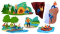 Active summer tourism vector illustration, cartoon flat tourist characters hiking, people camping in nature forest Royalty Free Stock Photo