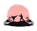 Active tae kwon do martial arts fighters combat fighting and kicking sport silhouettes illustration