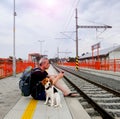 Active tourist with backpack using phone and waiting for train. Man and beagle dog waiting on railway station. Older Royalty Free Stock Photo