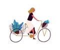 Active trendy woman riding bicycle with flower at basket vector flat illustration. Stylish female on retro bike with