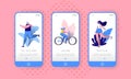 Active Urban Lifestyle Mobile App Onboard Screen Set. Man Runner Character, Woman Ride Bicycle, Girl Rink. City Outdoor Royalty Free Stock Photo