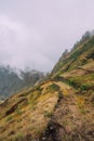 Active vacation destination. Mountain edge overgrown with verdant grass along the trekking path. Mountain peaks are