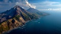 Active volcanic mountain with smoke by the ocean Royalty Free Stock Photo