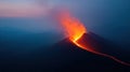 active volcano eruption with flowing lava and ash cloud at twilight Royalty Free Stock Photo