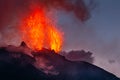 Active volcano eruption at night on Stromboli island in Italy