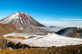 Majestic volcanic valley, the Devil`s Staircase and famous Mount Ngauruhoe, Spectacular scenic view from South Crater, Tongariro Royalty Free Stock Photo