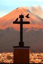 Active volcano Popocatepetl and the Church of the Blessed Virgin Mary in the Mexican city of San Pedro Cholula. Royalty Free Stock Photo