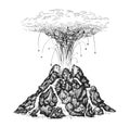 Active volcano spewing lava. Volcanic eruption and magma. Hand drawn sketch illustration in vintage engraving style