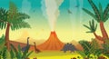 Prehistoric nature landscape - volcanoes, dinosaurs, fern.