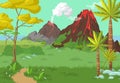 Active volcanoes erupt hot gases, ash, lava. Volcanic eruption, tropical nature, flat vector illustration.