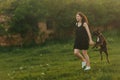 active walks in the rays of the setting sun with pets, lifestyle Royalty Free Stock Photo