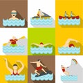 Active water sport icons set, flat style