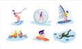 Active water sport set. Character rides on water board engages in extreme windsurfing diving fun. Royalty Free Stock Photo