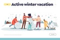 Active winter vacation concept of landing page with happy family outdoors making snowman together