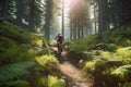 Active woman on bike exploring mountain forest paths, AI Generative