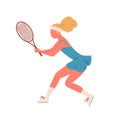 Active woman demonstrate receive position holding racket vector flat illustration. Sportswoman playing big tennis ready