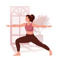 Active woman doing yoga exercise at home or gym vector flat illustration. Flexible female practicing stretching or Royalty Free Stock Photo