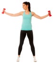 Active woman with dumbbells workout in fitness gym isolated over