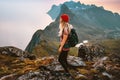 Active woman hiking in Norway travel outdoor healthy lifestyle hiker girl with backpack exploring mountains Royalty Free Stock Photo