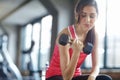 An active woman lifting weights in a gym. Young sporty female in sportswear using a dumbbell. Slim woman sitting inside Royalty Free Stock Photo