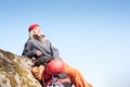 Active woman rock climbing relax with backpack Royalty Free Stock Photo