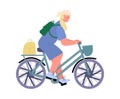 Active woman traveling on bicycle flat cartoon vector illustration isolated.