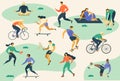 Active young people Healthy lifestyle. Roller skates, running, bicycle, run, walk, yoga. Design element colorful. Vector illustrat