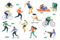Active young people Healthy lifestyle. Roller skates, running, bicycle, run, walk, yoga. Design element colorful. Vector illustrat