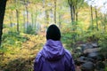 Active young woman hiking stops to contemplate a colourful forest on a rainy day during Fall