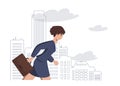 An active young woman in a business suit with a briefcase in hand rushes to the office to work against the background of the