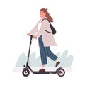 Active young woman riding electric walk scooter. Modern female character driving eco urban transport. Colored flat Royalty Free Stock Photo