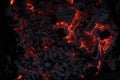 The texture of the coal fire. Actively smoldering embers of fire. Background of burning hot coals. Flicker of burning coals at Royalty Free Stock Photo