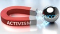 Activism helps achieving success - pictured as word Activism and a magnet, to symbolize that Activism attracts success in life and