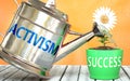 Activism helps achieving success - pictured as word Activism on a watering can to symbolize that Activism makes success grow and