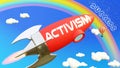 Activism lead to achieving success in business and life. Cartoon rocket labeled with text Activism, flying high in the blue sky to