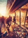 activist crowd , criminal looters vandalize store steal merchandise graffiti paint and break all