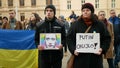 PRAGUE, CZECH REPUBLIC, MARCH 3, 2022: Activist demonstration people Russian Putin military attack war Russia on Ukraine