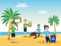 Activists people cleaning beach with sea turtle scene Royalty Free Stock Photo