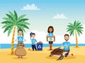 Activists people cleaning beach with sea turtle scene Royalty Free Stock Photo