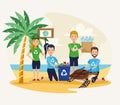 Activists people cleaning beach with sea turtle scene Royalty Free Stock Photo