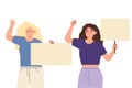 Activists protest with poster. Young women with their hands raised participate in a protest. Vector illustration of a cartoon