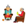 Daily activities of grandparents. Grandmother knitting and grandfather reading newspaper