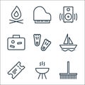 Activities line icons. linear set. quality vector line set such as garden tool, grill, ticket, sailing ship, flipper, suitcase,