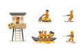 Activities of people when going to the beach Vol.02. beach lifeguard, jet ski, water skiing, banana boat, wakeboarding cartoon Royalty Free Stock Photo