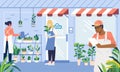 Activities of shopkeepers in a plant shop, taking orders, watering plants, moving potted plants vector illustration
